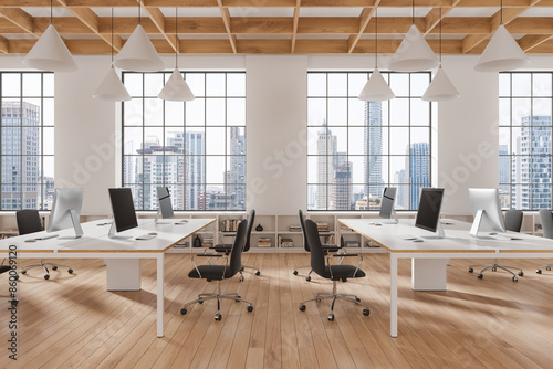 Modern office interior with desks, computers, and chairs, large windows showcasing a city skyline, white and wooden elements, light environment, workspace concept. 3D Rendering