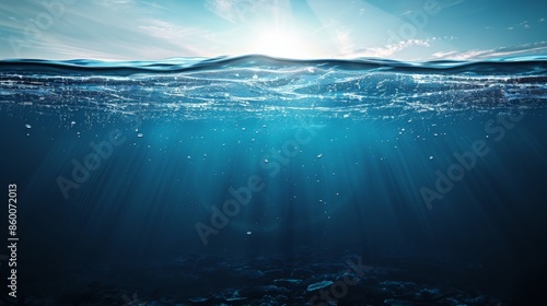 Underwater View of Ocean Surface With Sunlight and Bubbles Background