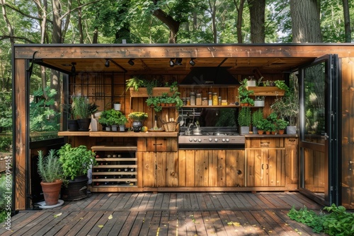 Rustic Outdoor Kitchen with Wooden Cabinets and a Stove