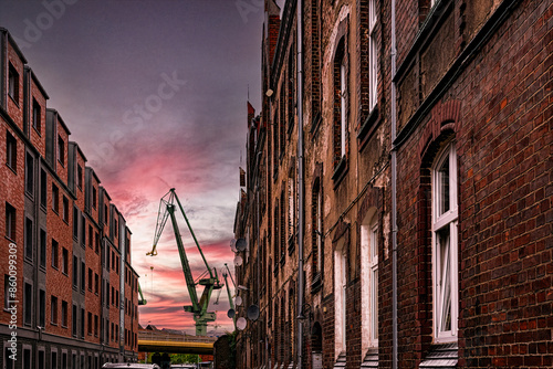 High cranes in the Gdańsk Stocznia, old shipyard and recreation area