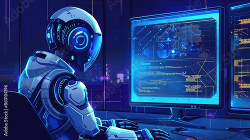 Robotic engineer at work, cyberpunk, deep blue, vector art, high-detail