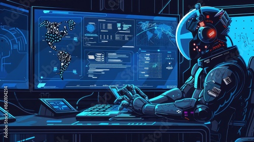 Robotic engineer at work, cyberpunk, deep blue, vector art, high-detail