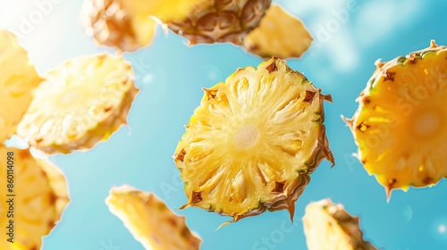 Fresh pineapple slices floating in the air against a bright blue sky, depicting summer refreshment and tropical vibes.