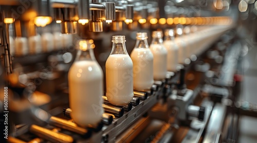 This image portrays milk bottles moving on a conveyor belt in a modern, automated dairy production facility, illuminated with warm light, ready for packaging and distribution.