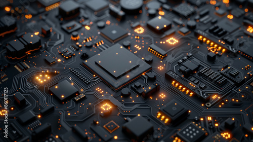 Abstract futuristic background in dark colors. Black abstract microcircuits and processors. AI generative