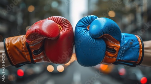 A striking image of red and blue boxing gloves facing off against an urban city backdrop, capturing the essence of urban combat, rivalry, and sportsmanship.