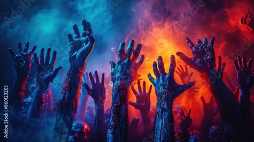 Numerous zombie hands, covered in decay and gore, reach up desperately against a backdrop of fiery chaos, symbolizing horror, fear, and struggle amidst the flames.