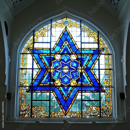 A stained glass window in a Singapore synagogue features a Star of David in blue and white glass as an architectural feature. Generative AI