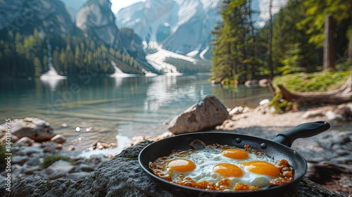 A serene mountain lake scene with snow-capped peaks in the background and a frying pan of eggs cooking on a rock in the foreground, blending nature with culinary art.