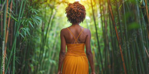 Afroamerikanische Frau trägt fließende, luftgelbe Stoffkleidung, geht den Naturpfad entlang