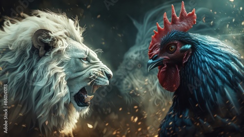 Duality versus concept art. lion and chicken facing each other in attack roar expression