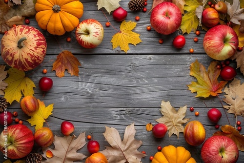 Autumn background with yellow maple leaves, red apples and pumpkins. Frame of fall harvest on aged wood with copy space. Mockup for seasonal offers and holiday post card, top view