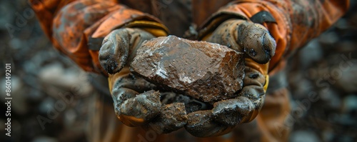 Close-up of a worker's hands holding a rare and valuable ore