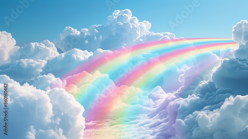 A bright rainbow curves through the sky like a road, with fluffy white clouds floating nearby.