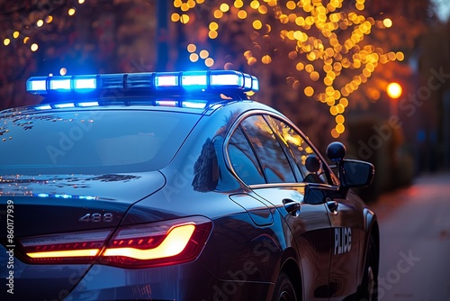 Police Car Parked At Night With Lights On