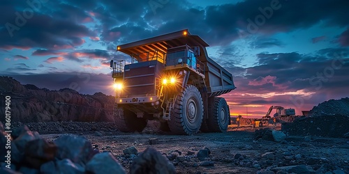 Giant Mining Truck at Sunset in an Open Pit Mining Operation