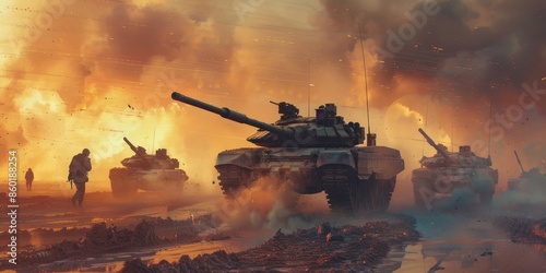 The image shows a group of tanks advancing through a burning battlefield.