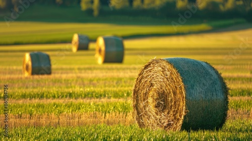 Rolled hay bales scattered in sunlit field during summer