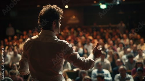 A leader giving a motivational speech to a large audience, highlighting their unique ability to inspire and lead with individuality
