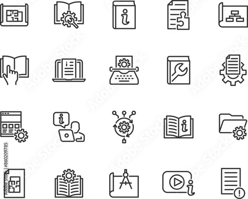 Vector set of technical documentation line icons. Contains icons instruction, plan, manual, blueprint, algorithm, information, reference document, video tutorial and more. Pixel perfect.