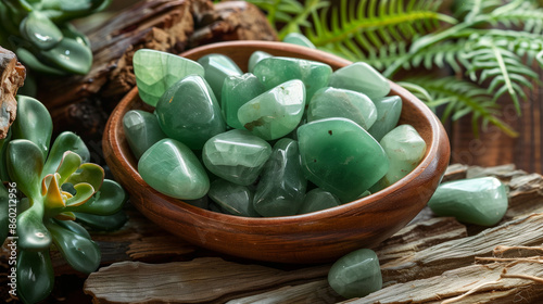 Polished green aventurine stones with succulent and wood decor.