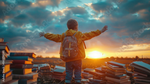 Regreso al cole o a la escuela, comienzo del curso estudiantil. Niño feliz deseoso de comenzar el nuevo curso escolar, concepto de comienzo de la escuela con alegría y ganas.