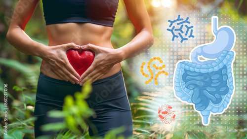Woman with healthy body and flat belly holding a heart. Concept of intestinal microbiota, intestinal transit, well-being, stomach, belly, diet, microflora and flora.