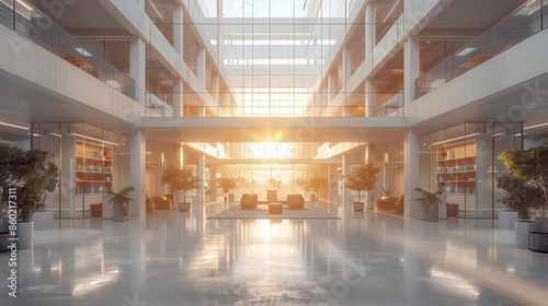 Sunlit Modern Office Atrium. Spacious modern office atrium with abundant sunlight, glass walls, and green plants, creating a bright and inviting work environment.