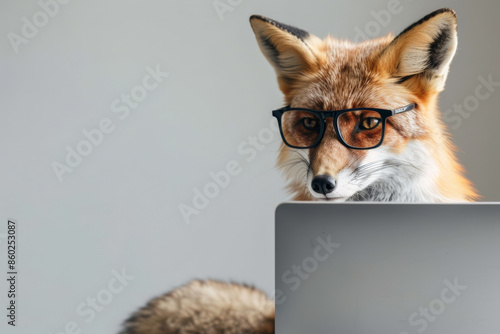 A fox sitting in front of a laptop, donning glasses, with a plain grey background. The fox's sharp gaze and attentive posture add a touch of cunning intelligence to the scene, making it intriguing and