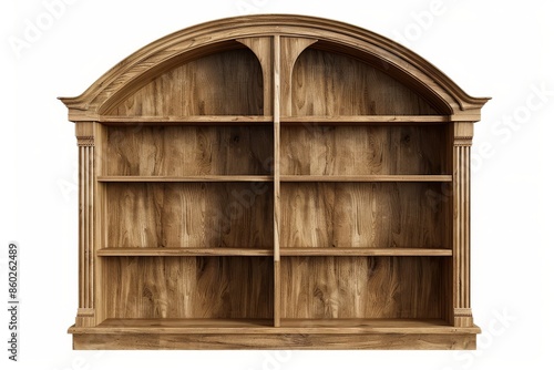 Arched Wooden Bookcase With Six Shelves and Decorative Pilasters