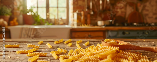 Uncooked fusilli pasta scattered around a wooden spoon on a rustic kitchen island. The backdrop showcases a traditional kitchen with wooden beams, stone walls, and a large window overlooking a lush