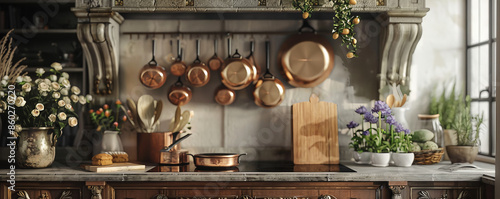French country kitchen podium background with a stone countertop, ornate cabinetry, and copper pots hanging above. Freshly picked flowers and a vintage breadboard enhance the charm.