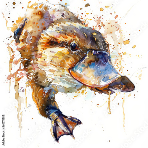 A curious platypus swimming, depicted in fluid watercolor strokes, beautifully isolated on a pristine white background