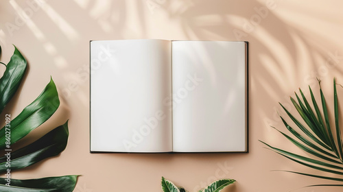 A blank open book with white pages on beige background, top view, mockup template