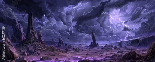 Dark Gothic fantasy background depicting a desolate wasteland with jagged rocks and skeletal remains. In the distance, a dark tower looms, surrounded by swirling storm clouds and flashes of lightning.