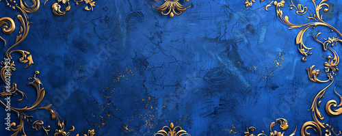 Regal wedding mockup card background with a royal blue texture and intricate gold scrollwork. A subtle velvet effect enhances the luxurious feel.