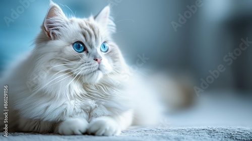 A fluffy white Persian cat with bright blue eyes, lying comfortably against a smooth, uncluttered backdrop, highlighting its cute and chubby appearance