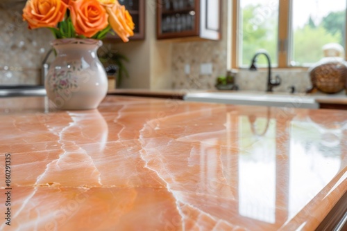 An elegant quartzite countertop shimmering against a warm coral background.