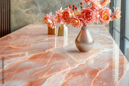 An elegant quartzite countertop shimmering against a warm coral background.