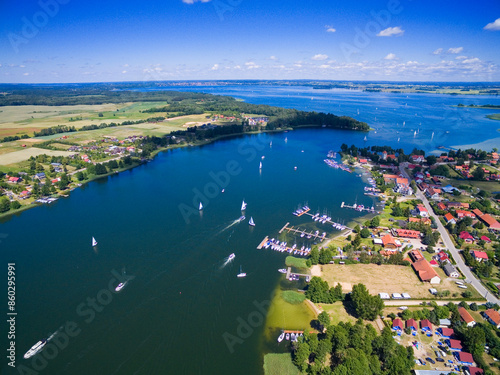 Aerial view of Rydzewo village on the shore of Boczne Lake, Masuria, Poland