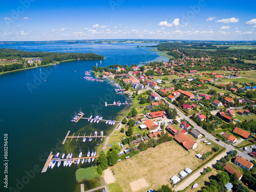 Aerial view of Rydzewo village on the shore of Boczne Lake, Masuria, Poland