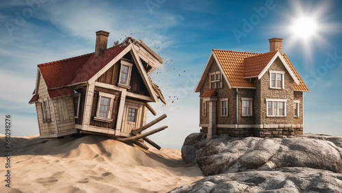 House constructed on the sand vs house constructed on a rock. Parable of the wise and foolish builders. Gospel of Matthew. Blue sky with sun 