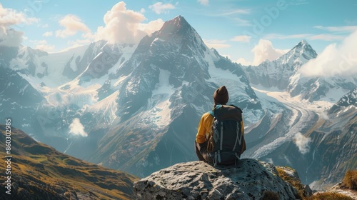 A content traveler gazes out at the towering peaks, their expression filled with wonder and awe as they take in the natural beauty before them, with the majestic mountains providing a sense of awe