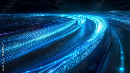 Bright blue light trails curve dynamically against a dark background, creating a sense of speed and motion.