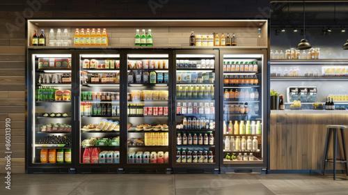 A well-lit store showcases rows of sleek, fully stocked refrigerators with colorful beverages and snacks, creating an inviting and clean shopping environment.