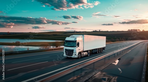Modern semi-truck driving on highway during sunset in serene countryside landscape. High-quality stock image for logistics and transportation themes. AI.