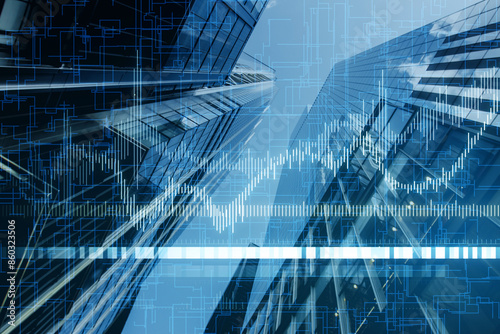 Abstract image of buildings overlaid with financial data graphs, symbolizing real estate market analysis on a blue background