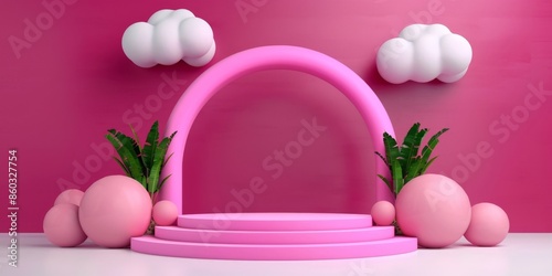 Stylish Pink Product Display Stand with Green Plants on Vibrant Background