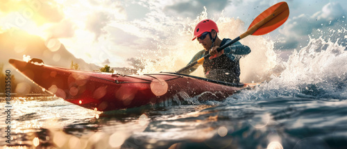 A kayak cuts through the whitewater, with a focused paddler expertly navigating the rushing rapids under a glowing sunset.