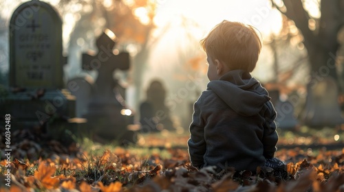 Orphaned boy mourns at parent's gravesite.